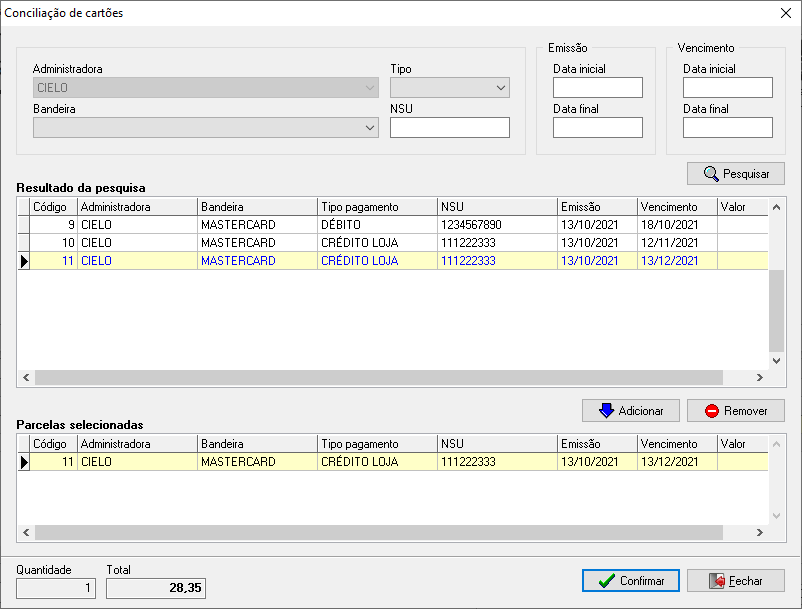 Conciliação de cartões