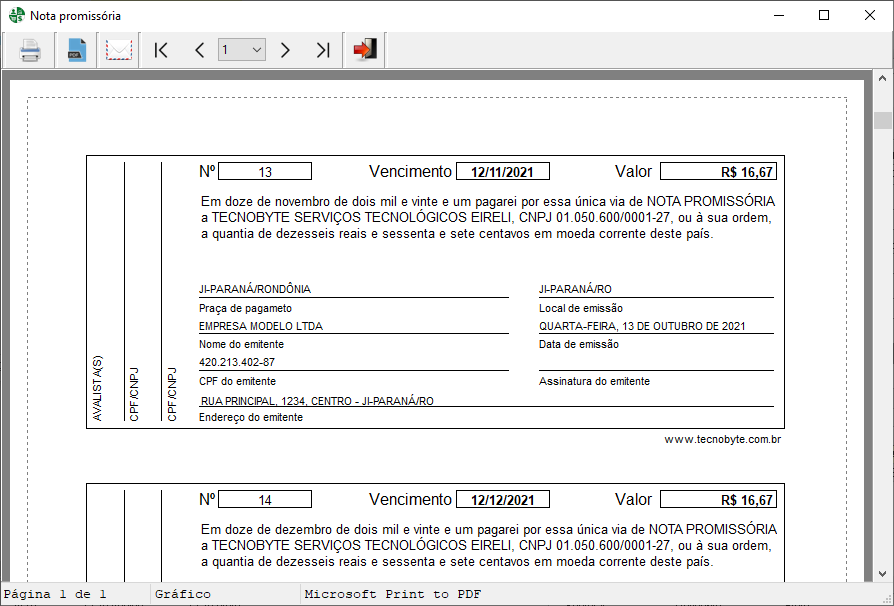 Impressão de nota promissória